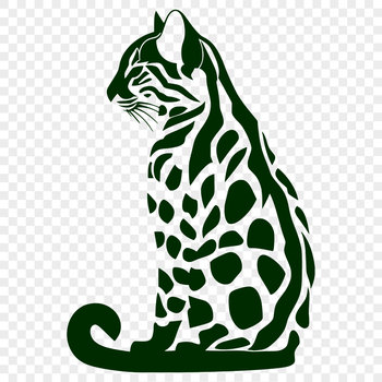 A high-quality illustration of an ocelot in a sitting position, showcasing its distinctive coat pattern.