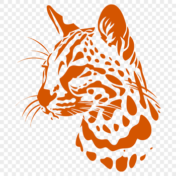 Close-up illustration of a wild ocelot's head featuring distinctive markings and fur texture.