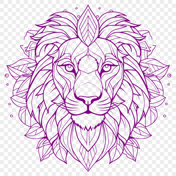 A detailed illustration of a lion's head with ornate details and intricate lines.