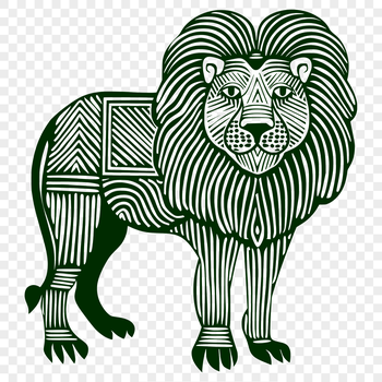 A detailed illustration of a standing lion, showcasing its full body and majestic features.
