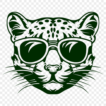 A large cat with distinctive markings is wearing trendy sunglasses, set against a neutral background.