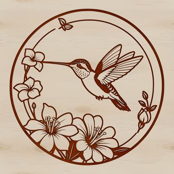 A stylized vector graphic design featuring a hummingbird perched on a branch amidst blooming flowers.