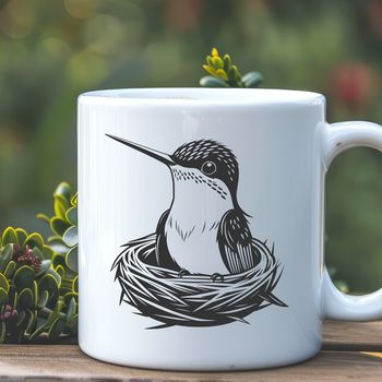 A detailed illustration of a hummingbird in mid-flight, depicted with intricate vector lines.