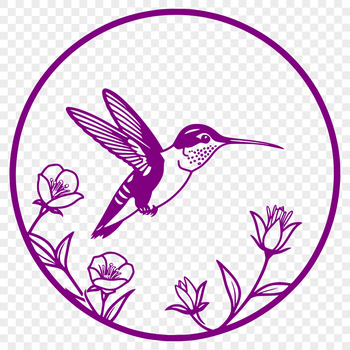 Illustration of a hummingbird in flight above a floral arrangement.