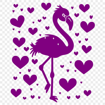 A full-body illustration of a flamingo, depicted in a stylized manner with love hearts incorporated into the design.