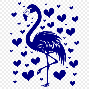 A full-body illustration of a flamingo with love hearts incorporated into its design.