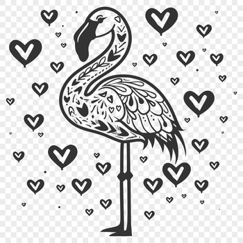 A full-body illustration of a flamingo with love hearts in various colors surrounding the bird.