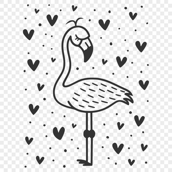 A detailed illustration of a standing flamingo bird with love hearts surrounding its body.
