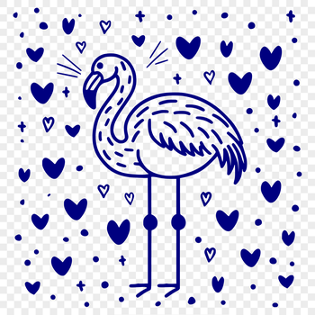 A full-body illustration of a flamingo bird, designed as clip art with love hearts incorporated into the design.
