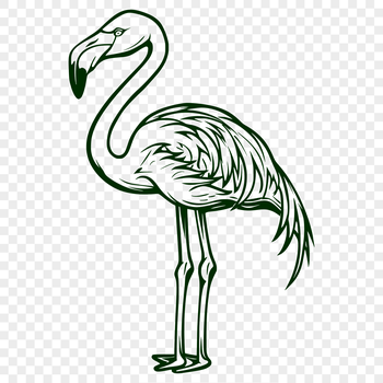 A digital illustration of a flamingo standing upright with its legs folded under its body.
