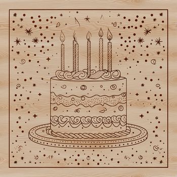 A colorful illustration of a birthday cake with candles and decorations, designed as vector art.