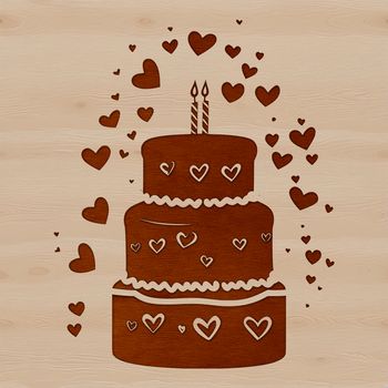 A colorful birthday cake with love hearts on top, designed as a vector graphic.