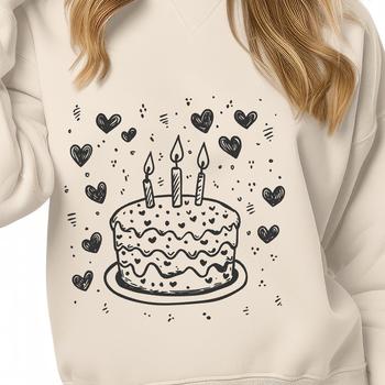 A colorful birthday cake design featuring love hearts on top.