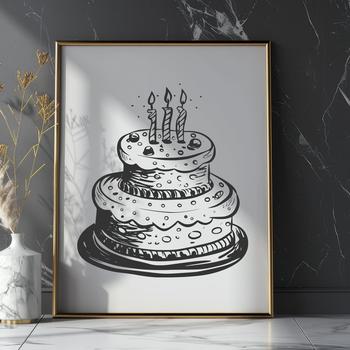 A colorful digital illustration of a birthday cake with candles lit on top.