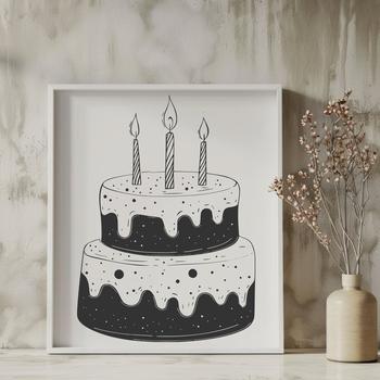 A digital illustration of a colorful birthday cake with candles lit, suitable for vector graphics.