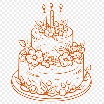 A colorful illustration of a tiered birthday cake with candles and decorations.