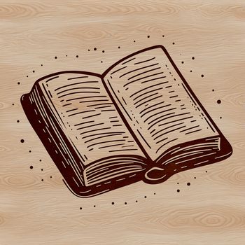 A digital illustration of an open book with pages turned up.