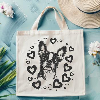 Boston Terrier dog breed illustration with love hearts in its head.