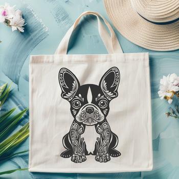 A stylized vector illustration of a sitting Boston Terrier dog with ornate details.