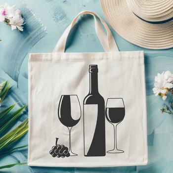 A digital illustration of a wine bottle on a table with a glass next to it.