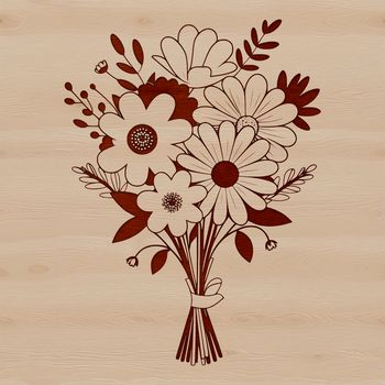 An illustration of a stylized floral arrangement in various colors and shapes.