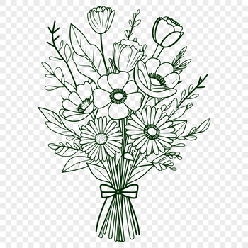 A vector graphic illustration of a collection of flowers tied together with a ribbon.