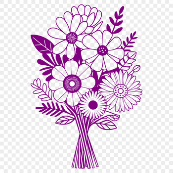 A colorful bouquet of flowers in various shapes and sizes, arranged in a decorative style.