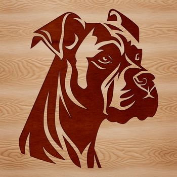 A cartoon-style illustration of a boxer dog's head.