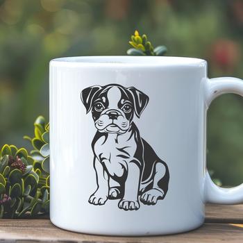 A full-body illustration of a sitting Boxer dog in profile view.