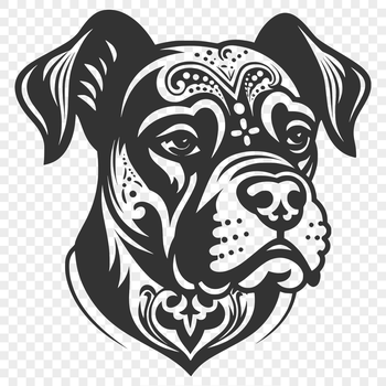 A detailed illustration of a Boxer dog's head with ornate features.