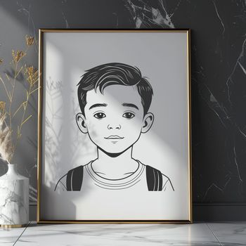 A simple illustration of a young boy with minimal details and bold lines.