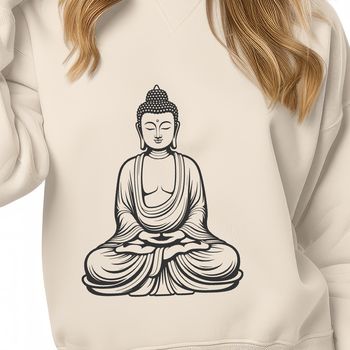 A digital illustration of a serene Buddhist figure in a meditative pose.