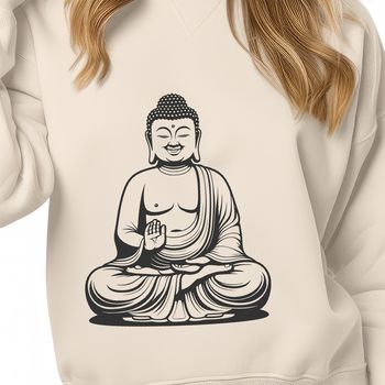 A stylized illustration of the Buddha in meditation posture.