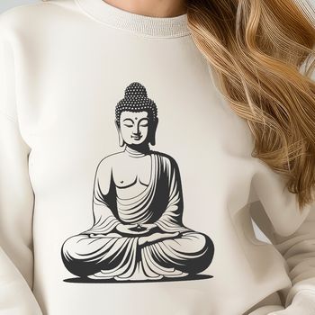 A high-quality, vector illustration of the Buddha in a traditional Asian-inspired pose.