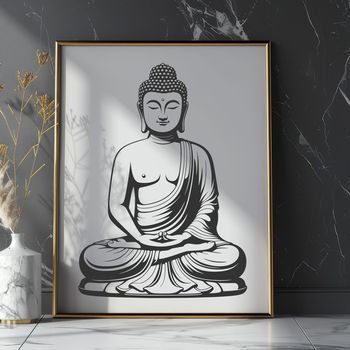 A vector illustration of the Buddha in a seated meditation pose.