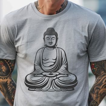 A minimalist illustration of a Buddha in meditation pose.