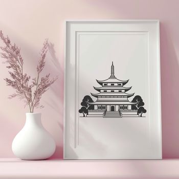 A traditional Buddhist temple with intricate architecture, designed as a vector graphic for digital use.