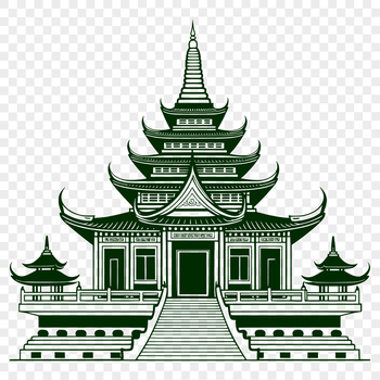A detailed illustration of a traditional Buddhist temple with intricate architectural features.