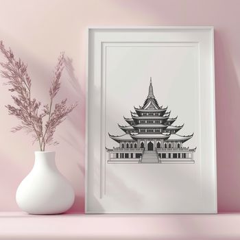 An SVG rendering of a serene Asian-style temple with pagoda-style roofs and stonework, suitable for vector design projects.