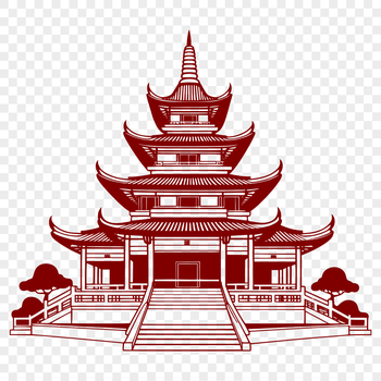 Illustration of a serene Buddhist temple with multiple structures and decorative elements.