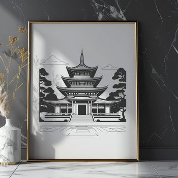 A detailed illustration of a traditional Buddhist temple architecture in SVG format.