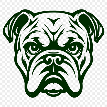 A stylized illustration of a bulldog's head with a bold design.