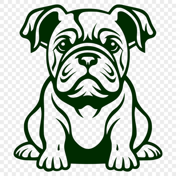 A sitting bulldog in full body profile.