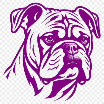 A close-up illustration of a bulldog's head with wrinkled skin and a distinctive underbite.