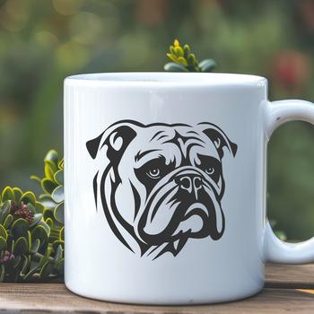 A cartoon-style illustration of a bulldog's head with wrinkled skin and a flat face.