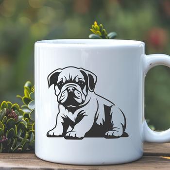 A stylized illustration of a bulldog sitting in a full-body pose.