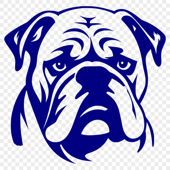 A detailed illustration of a bulldog's head with wrinkled skin and a distinctive facial expression.