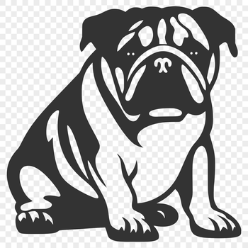A stylized illustration of a full-bodied bulldog sitting on its haunches.