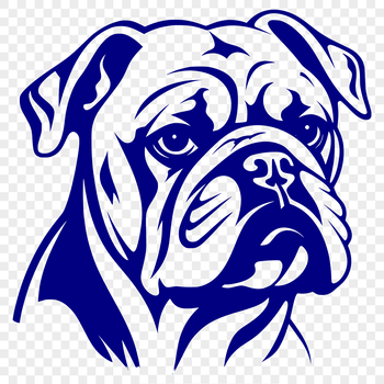 A close-up illustration of a bulldog's head with a wrinkled forehead and prominent nose.