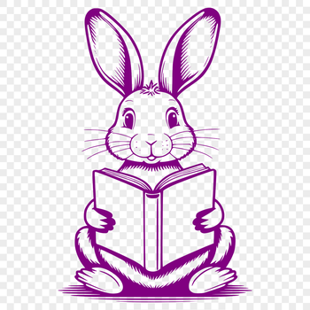 A sitting rabbit holding a book in its paws.